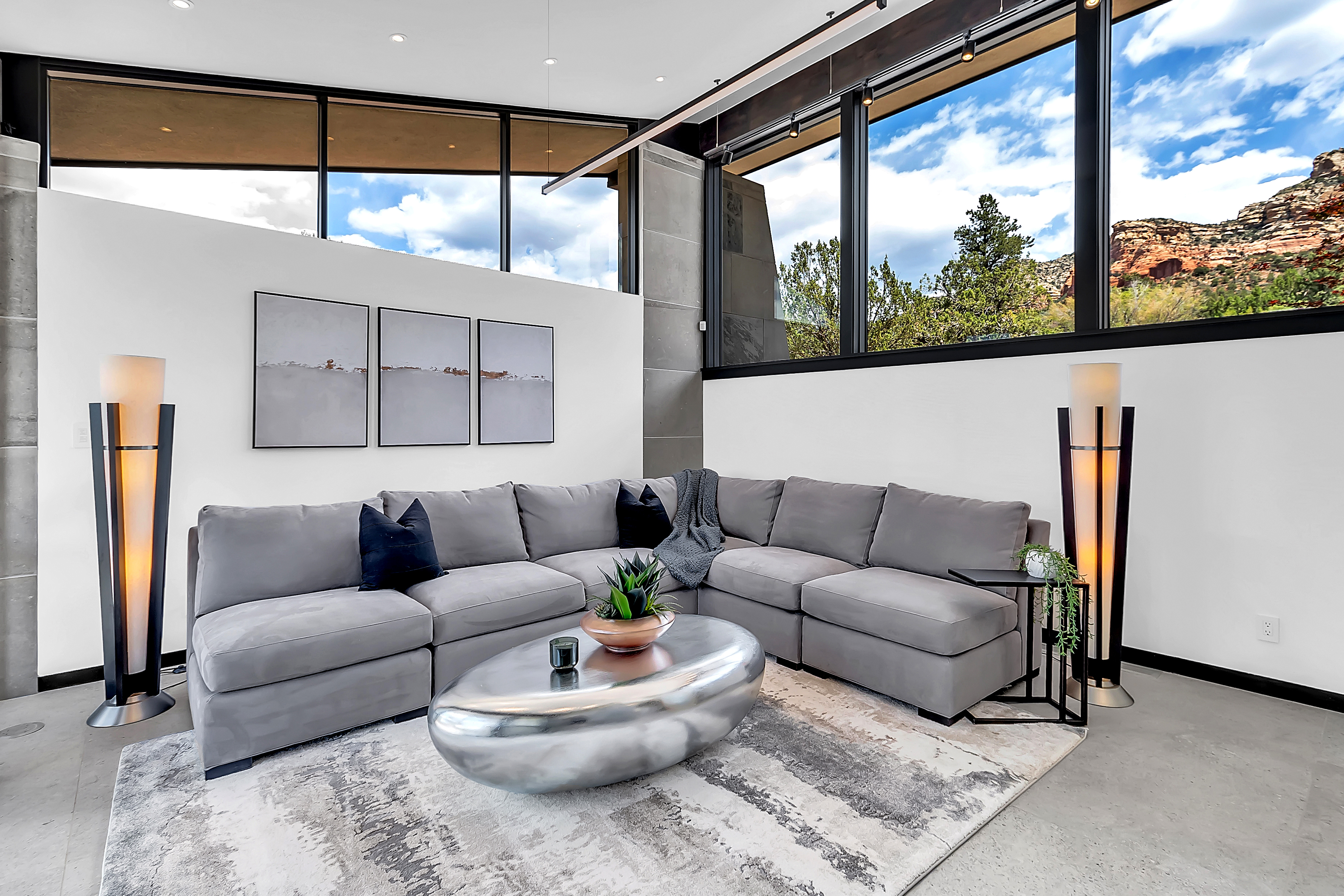 Modern Sedona living room with red rock views